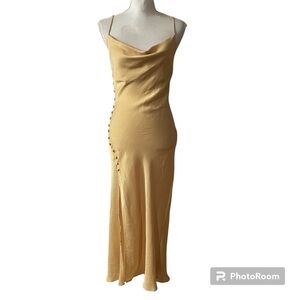 NWT Zara Satin Lingerie Style Slip Midi Dress Yellow Cowl Neck Cocktail Sz S